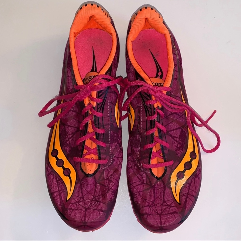 Saucony Flexfilm‎ Purple & Orange Cleat Size: 9.5